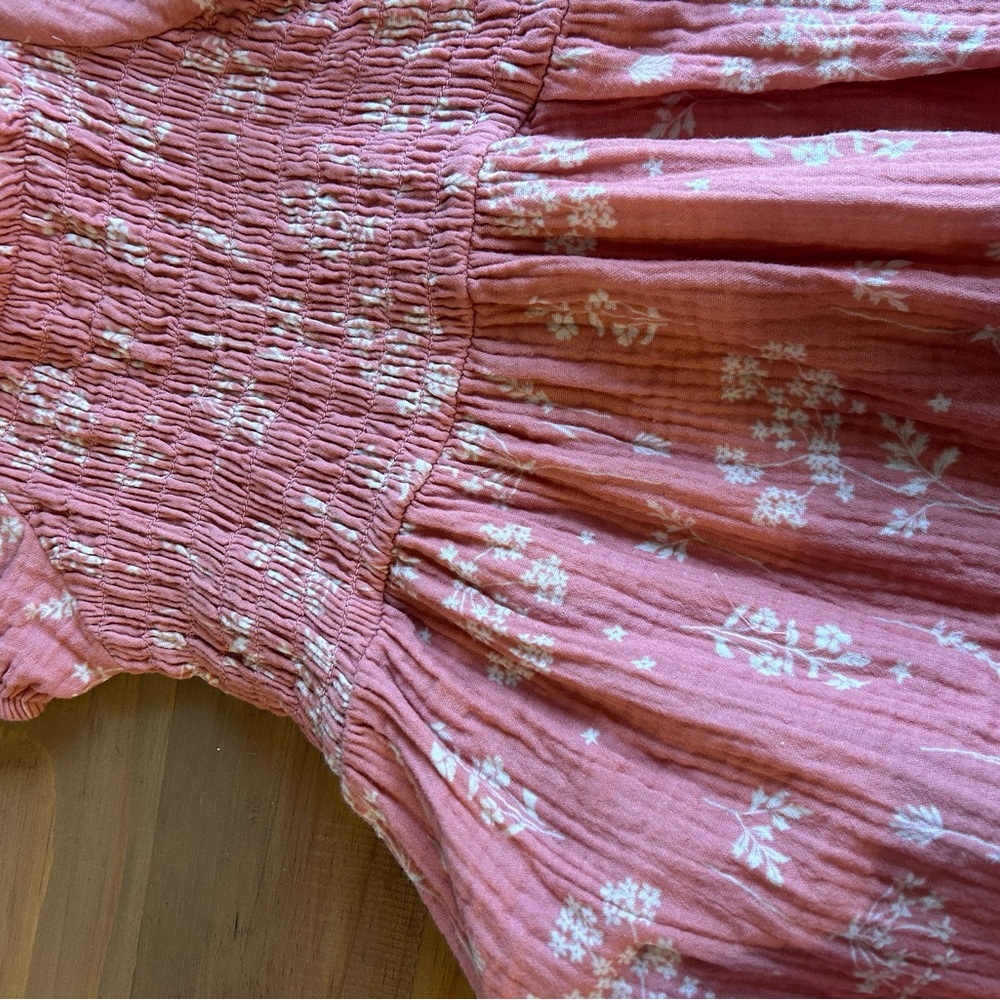 Girls Pink Floral Smocked Short Sleeve Dress - Picture 2 of 3